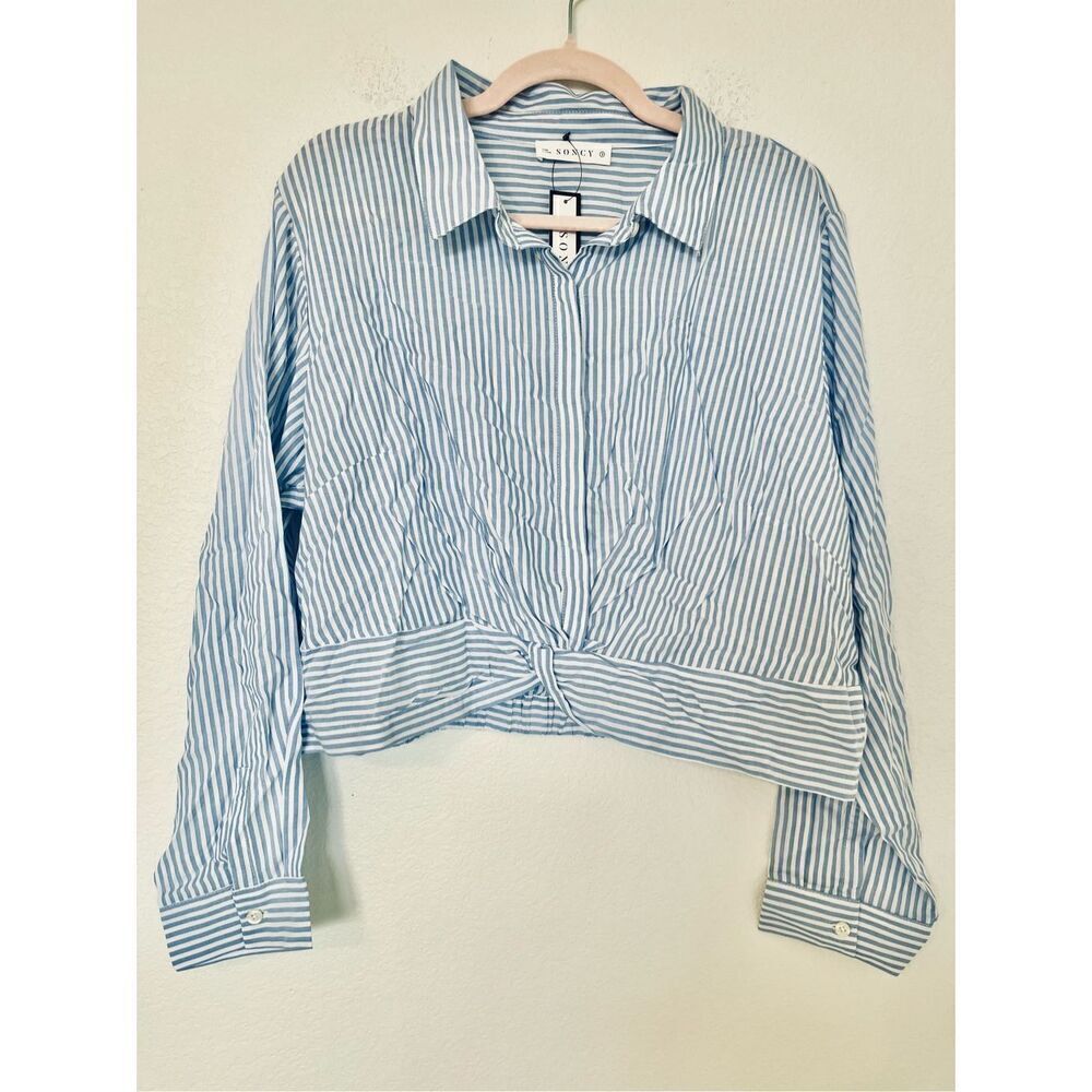 Soncy Blue and White Striped Cropped Long Sleeve Button Up Blouse - New